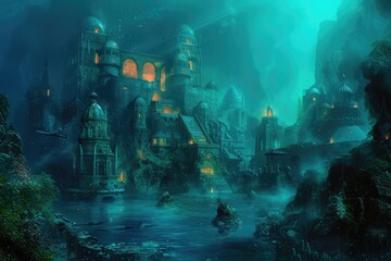 An underwater city with bioluminescent coral, schools of colorful fish, and ancient ruins, all illuminated by the eerie glow of an underwater volcano. Resplendent.