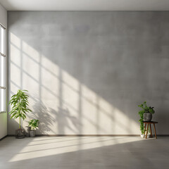 Empty minimalist room with a gray wall in the background. The shadow of the sun's rays.
Nature cocept.