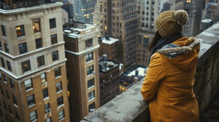 A woman leans against the building lost in thought as takes in the bustling city below. . .