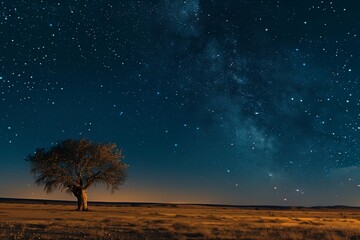 Fototapeta na wymiar A solitary tree stands under a glittering starlit sky in the desert, AI generated.