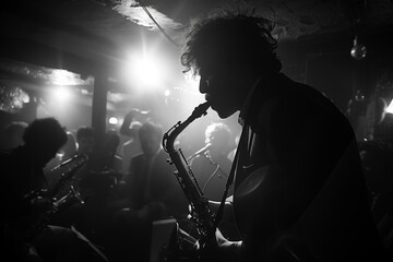 The silhouette of a saxophonist stands out in a smoky underground club atmosphere, capturing the essence of a live jazz performance. AI Generated.
