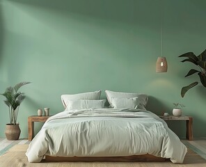 3D rendering of a modern bedroom interior with a bed and green wall background mock-up. 