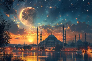 mosque religion islam muslim night ramadan moon minaret holy blue arabic sky - obrazy, fototapety, plakaty