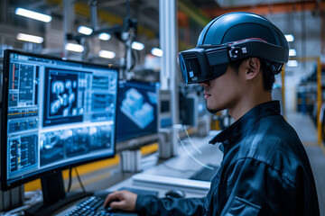 Technician wearing virtual reality goggles at a control panel in an automated factory. AI Generated.