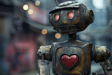 A robot expresses affection, revealing a heart within its mechanical chest