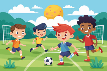 Capturing the excitement of a kids' soccer game with a dynamic cartoon vector illustration. Boys kick off on the school sport field, adding energy and fun to the scene