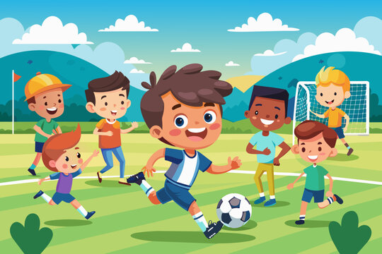 Capturing the excitement of a kids' soccer game with a dynamic cartoon vector illustration. Boys kick off on the school sport field, adding energy and fun to the scene