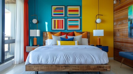 modern contemporary room interior backdrop house bedroom interior with vibrant color design decoreating with wooden frame photo artwork on feature headboard wall