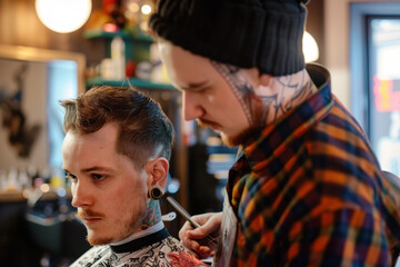 An in-focus tattooed barber is carefully styling a client's hair in a barbershop with warm lighting