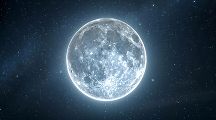 Full moon in all its glory. Glowing lunar surface and stars in the night sky.
