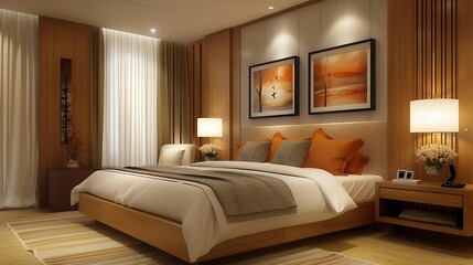modern contemporary room interior backdrop house bedroom interior with vibrant color design decoreating with wooden frame photo artwork on feature headboard wall home design ideas