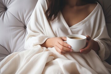 Close-up view of a female hands with a cup of coffee in bed. Sensual awakening.