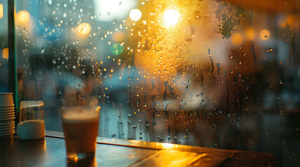 Coffee cup on table by window with raindrops. Warm light from outside. Cozy atmosphere.