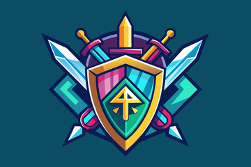 Crafting a sleek, adventure-themed gaming company logo with vibrant colors and minimalist design. Integrating iconic gaming symbols like keys, swords, and shields for a modern, eye-catching appeal