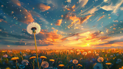 Dandelion In Field At Sunset - obrazy, fototapety, plakaty