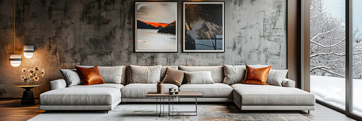 Minimalist Living Room with Modern Sofa and Artistic Wall Decor, Bright Interior in Scandinavian Style