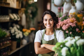 Portrait of happy young woman standing in her flower shop. Cheerful mixed race saleswoman is waiting for customers of the flower shop. Standing at the entrance is successful small business owner. - obrazy, fototapety, plakaty