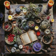 witch table with magical attributes top view.