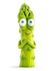 Content asparagus character with arms crossed on white background