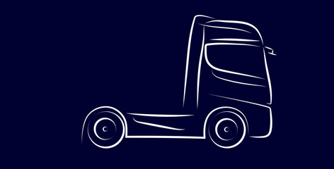 Silhouette of a European truck with simple white lines in a dynamic style on a dark blue background. Vector illustration