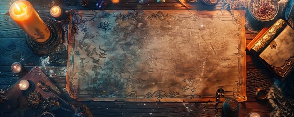 witch table with magical attributes top view. - obrazy, fototapety, plakaty