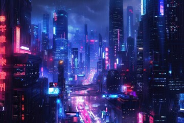 Fototapeta na wymiar Futuristic city glows with soft hues, complemented by the sleek design of hovering vehicles above the vibrant skyline. Resplendent.