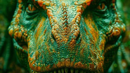 AI generated illustration of a green dinosaur with orange scales