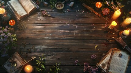 witch table with magical attributes top view.