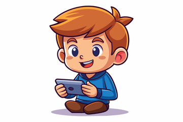 Cute Boy playing video games on mobile phone Vector illustration in cartoon style white background