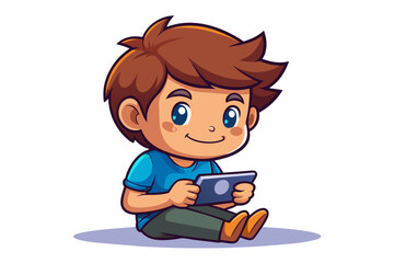 Cute Boy playing video games on mobile phone Vector illustration in cartoon style white background