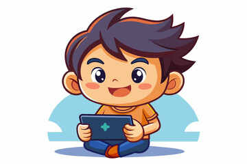 Cute Boy playing video games on mobile phone Vector illustration in cartoon style white background