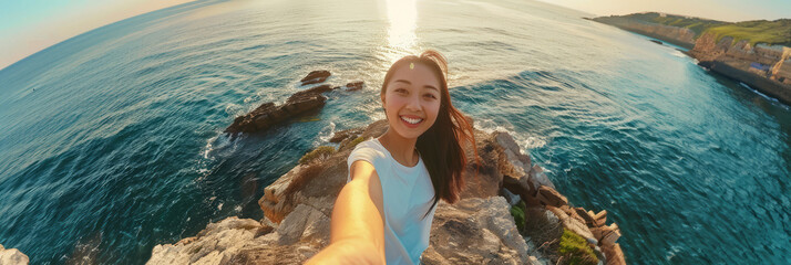 Happy smiling young Asian girl taking selfie against sea background, summer beach holiday, banner
