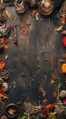 witch table with magical attributes top view. - obrazy, fototapety, plakaty
