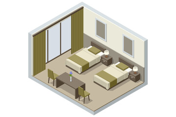 Isometric Modern Bedroom Suite in Hotel. Hotel Checking in and Having Rest in Their Rooms. Enjoy the Holiday and Vacation. Mobile Application, Hotel Booking Online on Website