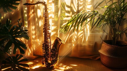 Golden sax resting in cozy nook surrounded by soft light and plant shadows