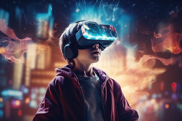 Boy wearing virtual reality glasses. A world of bright colors and events. Total digitalization of society and people's dependence on gadgets. Escape from the real world.