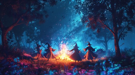 witches dance around a fire in the night forest. - obrazy, fototapety, plakaty