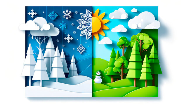 Contrasting paper art scene of winter and summer landscapes, depicting climate change and the transition between seasons, suitable for educational and environmental themes.