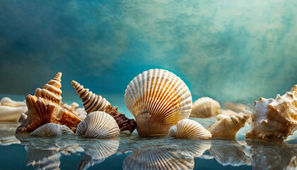 Close-up of beautiful sea shells. Blurred blue background. Summer vacation and travel - obrazy, fototapety, plakaty