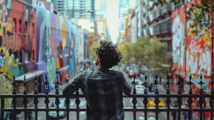 A man leans against a wrought iron fence face obscured as looks out at a busy city street filled with vibrant street art. . .