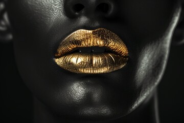 Black and white closeup shot of a European man face with metallic gold lips, showcasing the intricate details of his eye, eyelash, iris, and jaw, shooting a portrait for a fashion magazine