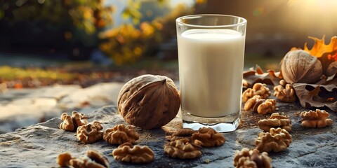 Organic Walnut Nuts and Glass of Walnut Milk - obrazy, fototapety, plakaty