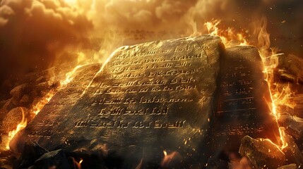 ten commandments on stone tablets written by gods finger fiery illustration - obrazy, fototapety, plakaty