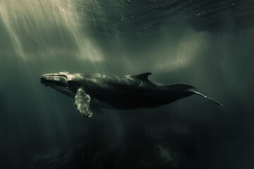 A lonely whale surfs the waves of the ocean, a whale swims underwater in the ocean