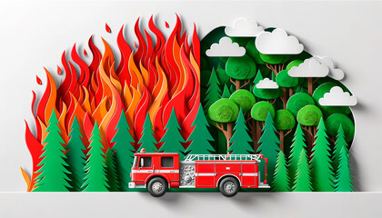 Paper art wildfire and fire truck in forest, for environmental awareness, firefighting, and conservation themes, ideal for NGOs and educational use. - obrazy, fototapety, plakaty