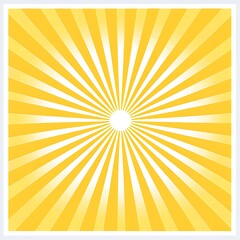 A yellow sunburst background, with a white center in a square shape, white border around the edges of all elements