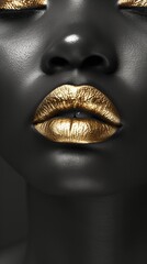 Black and white closeup shot of an African American female face with metallic gold lips, showcasing the intricate details of her eye, eyelash, iris, and jaw, shooting a portrait for a fashion magazine