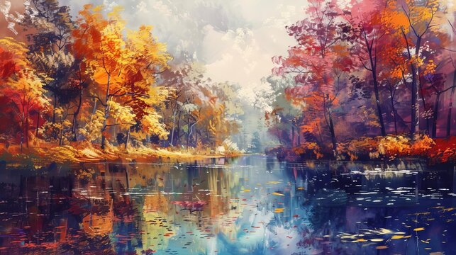 vibrant autumn forest landscape with colorful foliage and tranquil river oil painting style