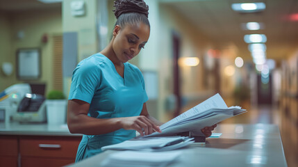 Dedicated Healthcare Professional Reviewing Patient Records in Hospital Corridor