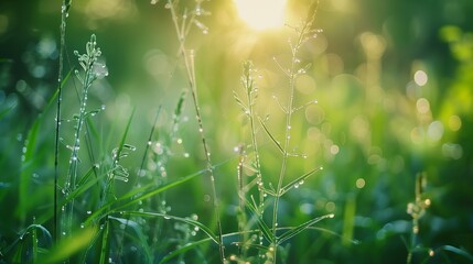 Sun shining through dewy grass in natural landscape - obrazy, fototapety, plakaty